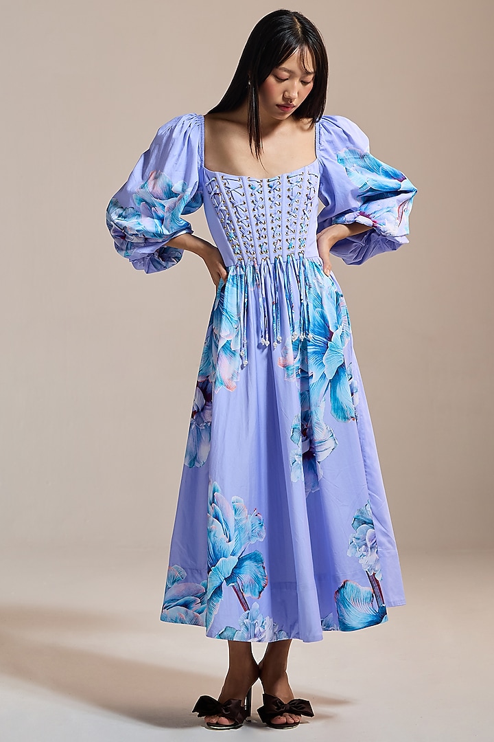 Lilac Italian Cotton Satin & Satin Corset-Style Midi Vacation Dress by THE IASO at Pernia's Pop Up Shop