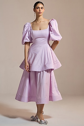 Lilac Italian Cotton Satin & Satin Midi Dress by THE IASO