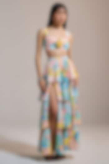 Yellow Slub Texture & Viscose Printed Tiered Maxi Skirt by THE IASO at Pernia's Pop Up Shop