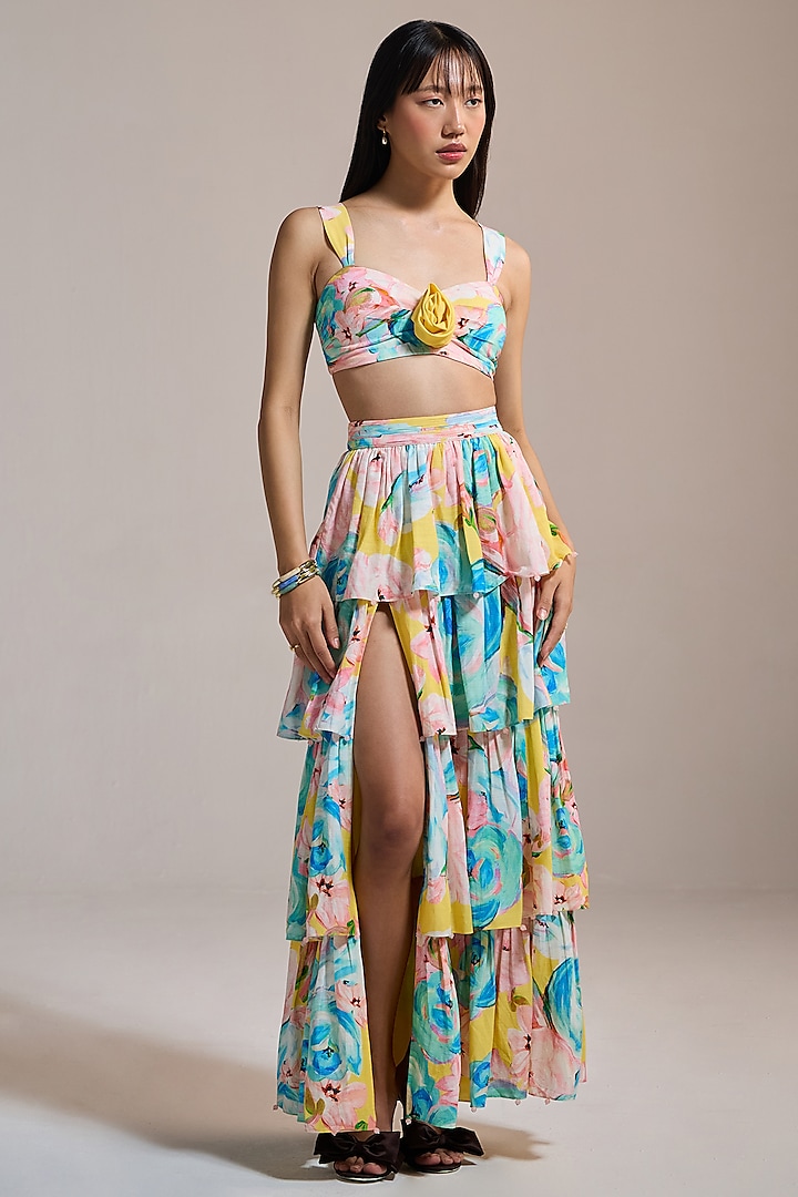 Yellow Slub Texture & Viscose Printed Tiered Maxi Skirt by THE IASO at Pernia's Pop Up Shop