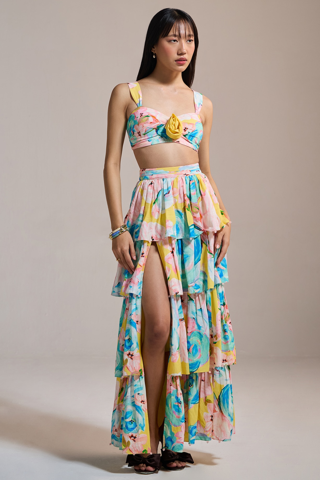 Yellow Slub Texture Viscose Printed Tiered Maxi Skirt by THE IASO at  Pernia's Pop Up Shop 2025