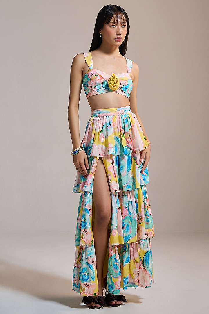 Yellow Slub Texture & Viscose Printed Bralette by THE IASO at Pernia's Pop Up Shop