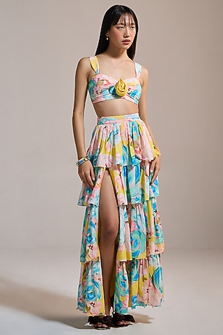 Yellow Slub Texture & Viscose Printed Bralette by THE IASO