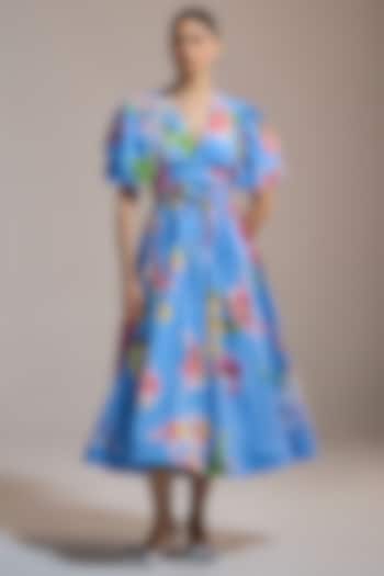 Sky Blue Slub Texture & Viscose Floral Printed Midi Vacation Dress by THE IASO at Pernia's Pop Up Shop