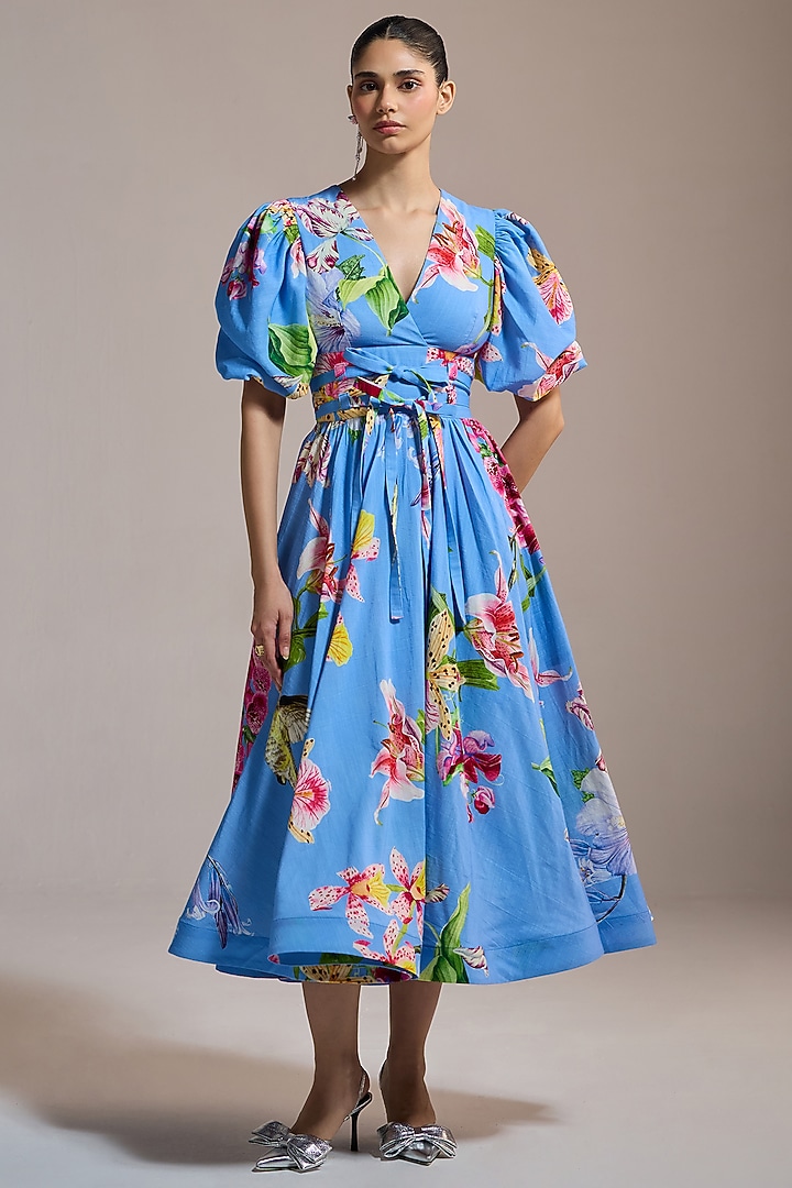 Sky Blue Slub Texture & Viscose Floral Printed Midi Vacation Dress by THE IASO at Pernia's Pop Up Shop