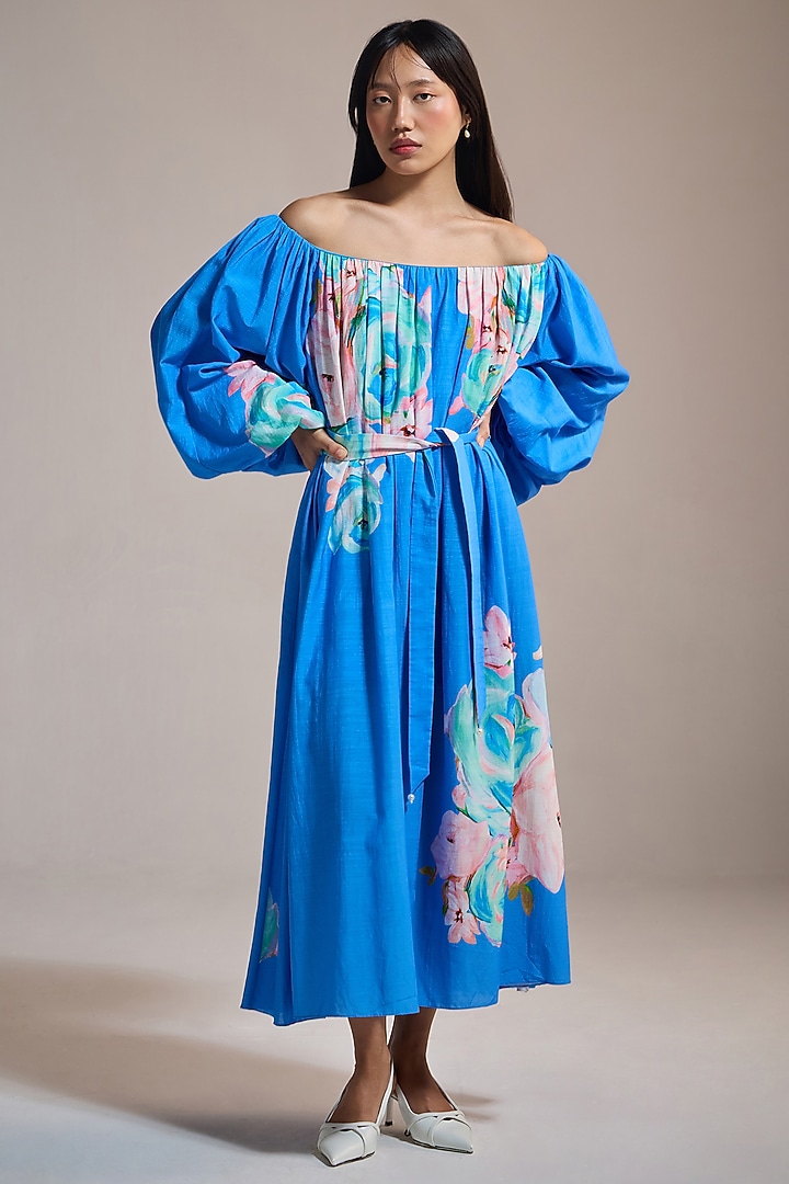 Blue Slub Texture & Viscose Floral Printed Off-shoulder Vacation Dress by THE IASO at Pernia's Pop Up Shop