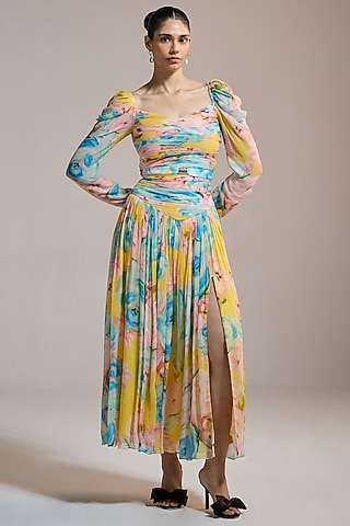 Yellow Crinkle Chiffon Floral Printed Dress by THE IASO