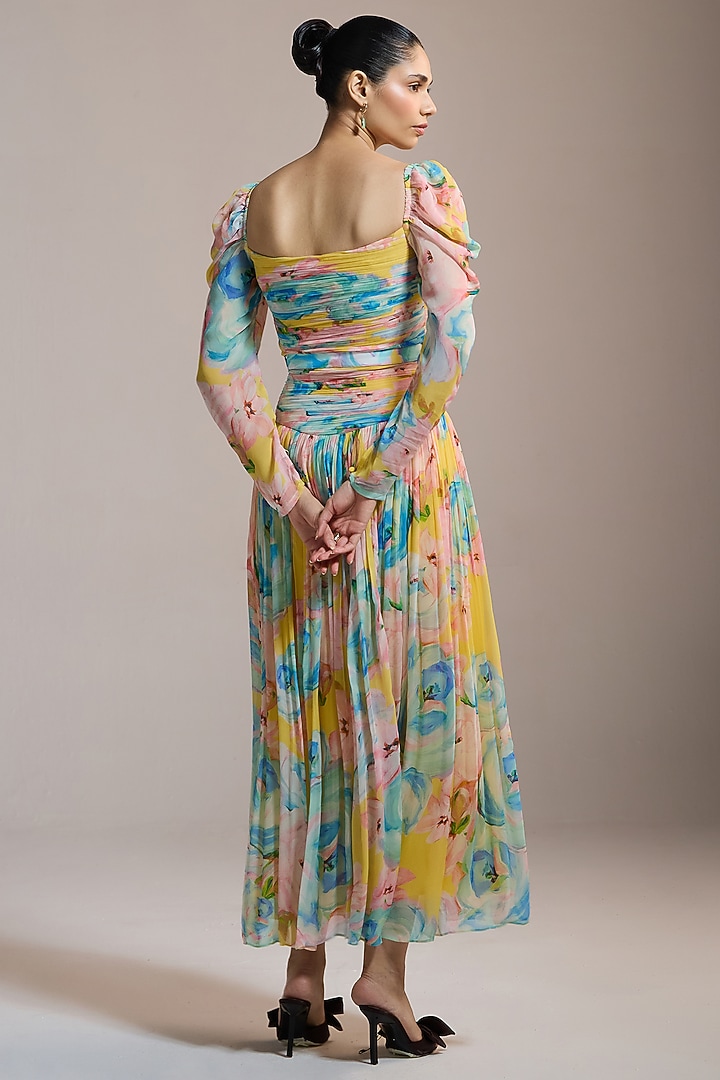 Yellow Crinkle Chiffon Floral Printed Vacation Dress by THE IASO at Pernia's Pop Up Shop