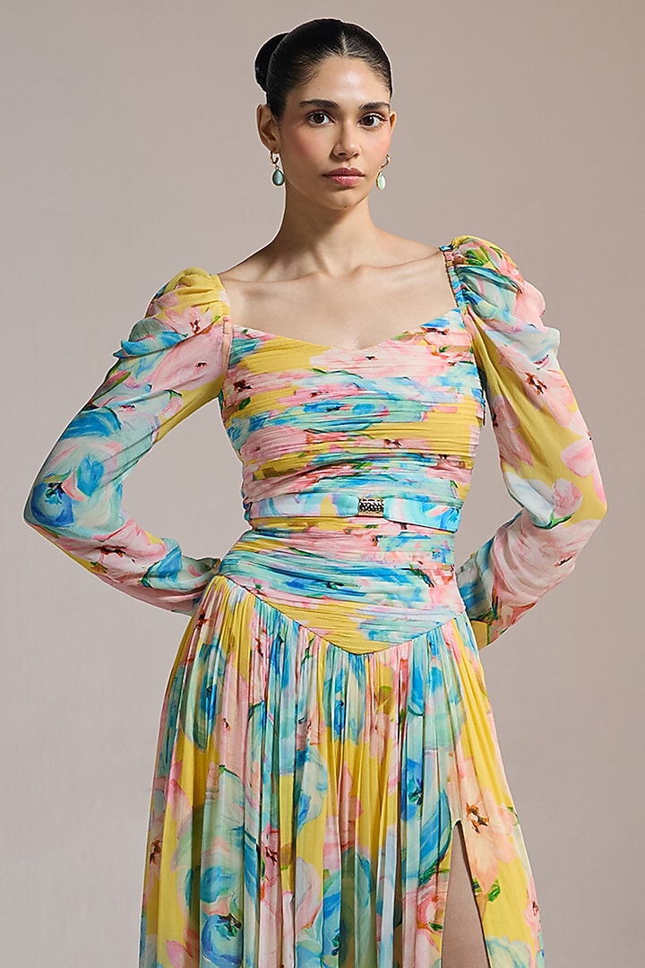 Yellow Crinkle Chiffon Floral Printed Vacation Dress by THE IASO at Pernia's Pop Up Shop