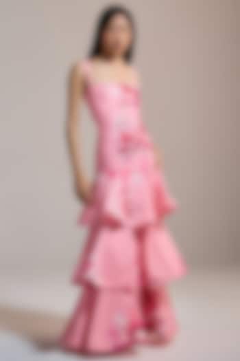 Pink Slub Texture & Viscose Printed Tiered Maxi Vacation Dress by THE IASO at Pernia's Pop Up Shop