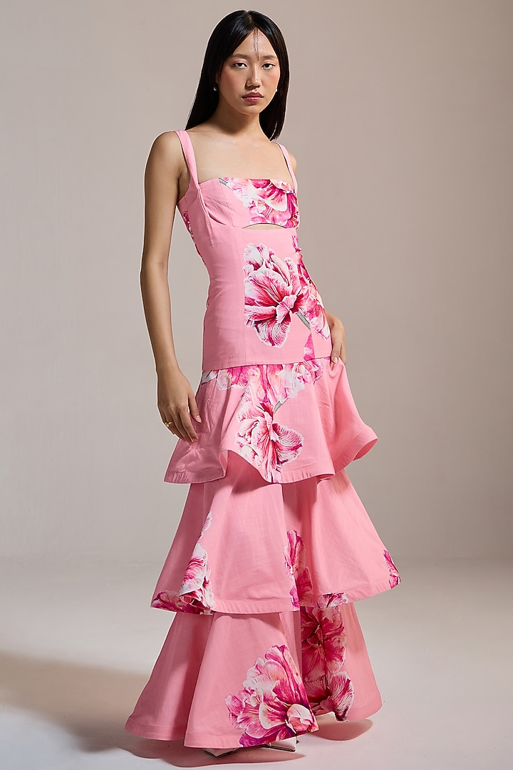 Pink Slub Texture & Viscose Printed Tiered Maxi Vacation Dress by THE IASO at Pernia's Pop Up Shop