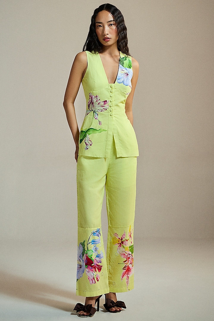 Butter Yellow Linen & Cotton Linen Handpainted Vest by THE IASO at Pernia's Pop Up Shop