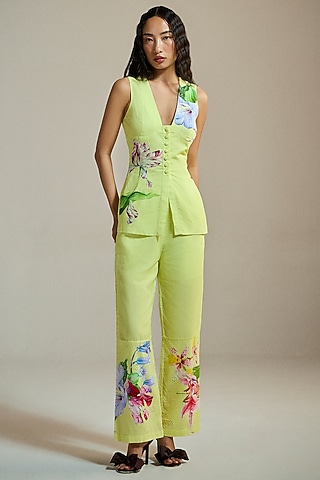 Butter Yellow Linen & Cotton Linen Handpainted Straight-Leg Trousers by THE IASO