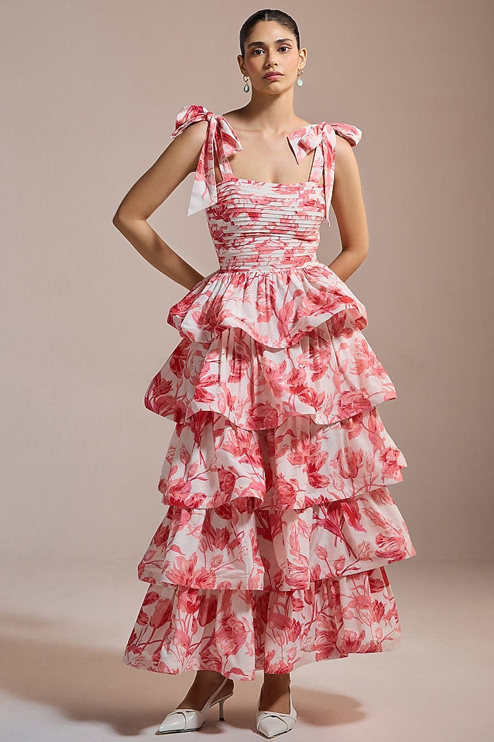Pink Slub Texture & Viscose Floral Printed Tiered Maxi Vacation Dress by THE IASO at Pernia's Pop Up Shop