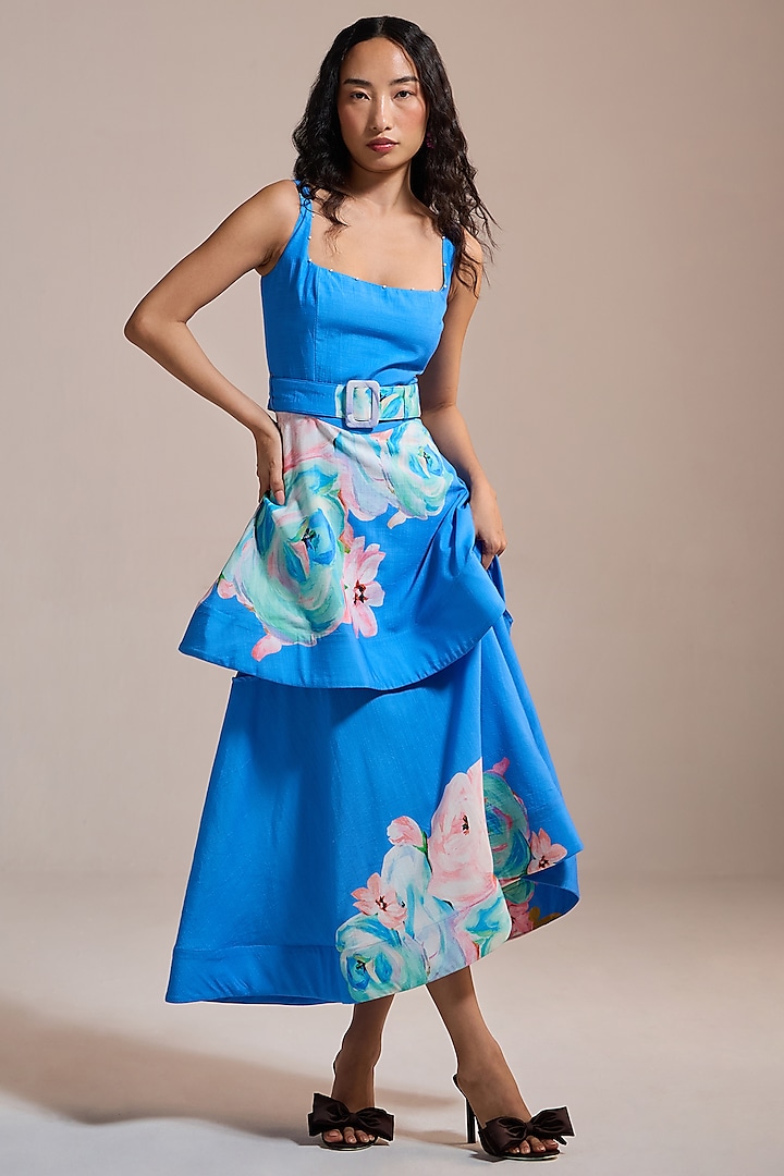 Sky Blue Slub Texture & Viscose Handpainted Midi Vacation Dress by THE IASO at Pernia's Pop Up Shop