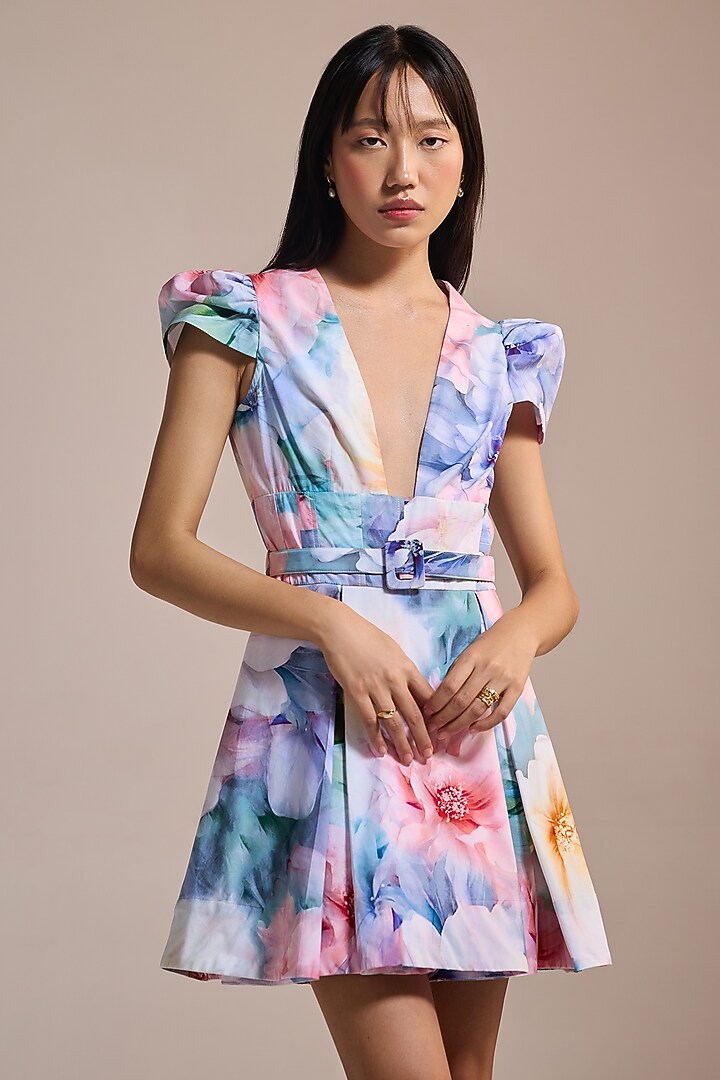 Multi-Colored Poplin & Cotton Floral Mini Vacation Dress by THE IASO at Pernia's Pop Up Shop