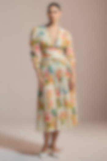 Butter Yellow Self Cotton Jacquard Floral Printed Midi Vacation Dress by THE IASO at Pernia's Pop Up Shop