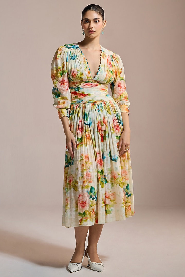 Butter Yellow Self Cotton Jacquard Floral Printed Midi Vacation Dress by THE IASO at Pernia's Pop Up Shop