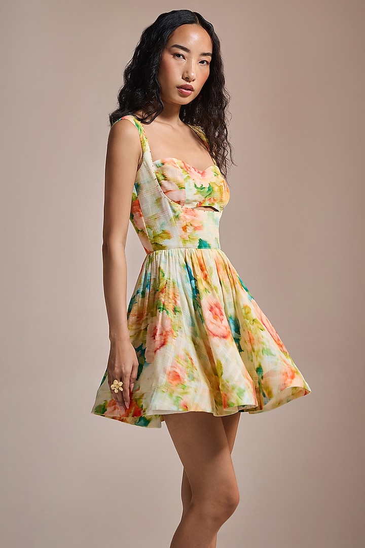 Butter Yellow Self Cotton Jacquard & Viscose Floral Printed Mini Vacation Dress by THE IASO at Pernia's Pop Up Shop