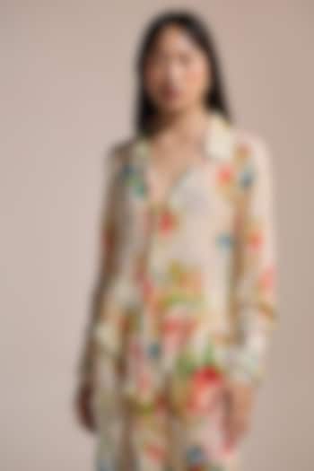 Butter Yellow Crinkle Chiffon & Viscose Floral Printed Sheer Shirt by THE IASO at Pernia's Pop Up Shop