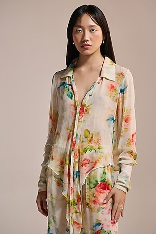 Butter Yellow Crinkle Chiffon & Viscose Floral Printed Sheer Shirt by THE IASO