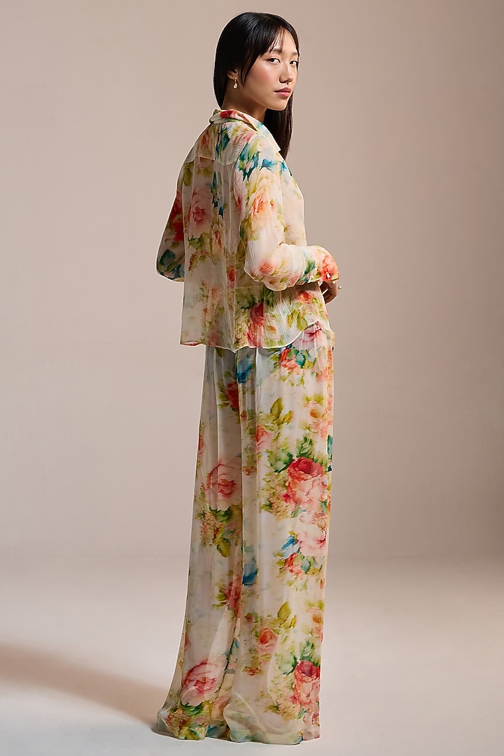 Butter Yellow Crinkle Chiffon & Viscose Floral Printed Sheer Shirt by THE IASO at Pernia's Pop Up Shop