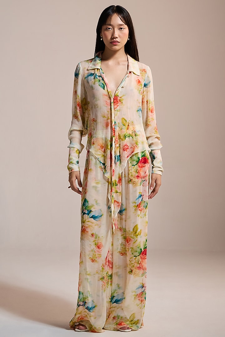 Butter Yellow Crinkle Chiffon & Viscose Floral Printed Sheer Shirt by THE IASO at Pernia's Pop Up Shop
