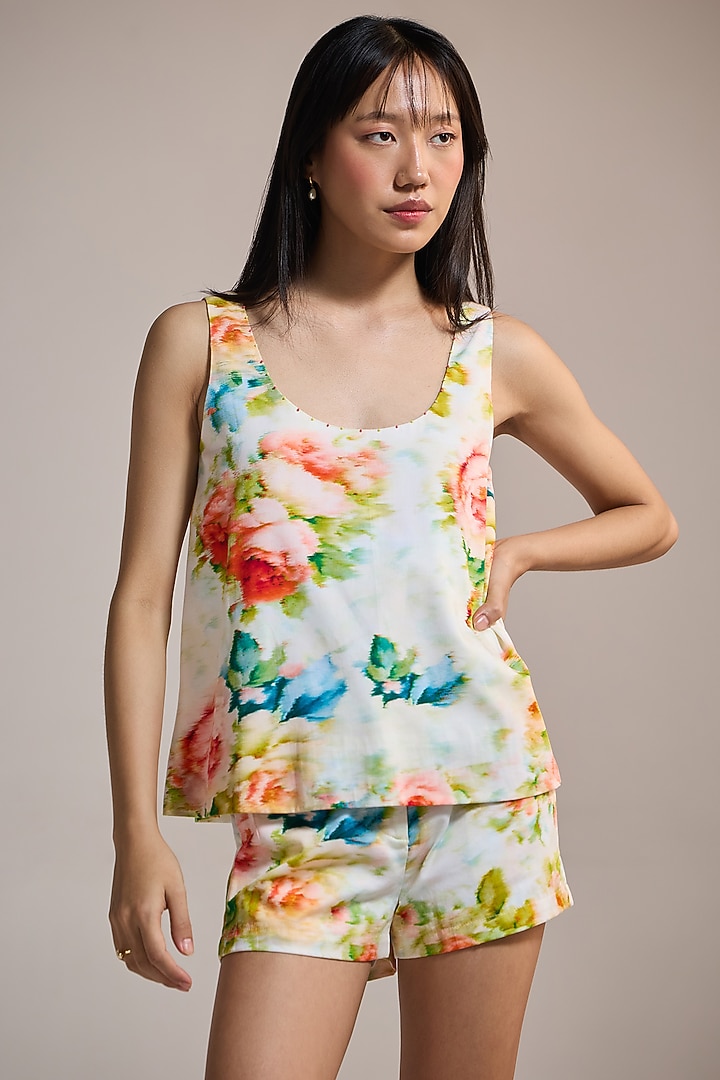 Soft Yellow Italian Cotton Satin & Cotton Floral Printed Top by THE IASO at Pernia's Pop Up Shop