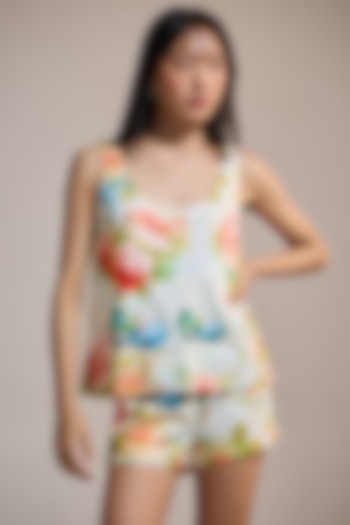 Soft Yellow Italian Cotton Satin & Cotton Floral Printed Shorts by THE IASO at Pernia's Pop Up Shop