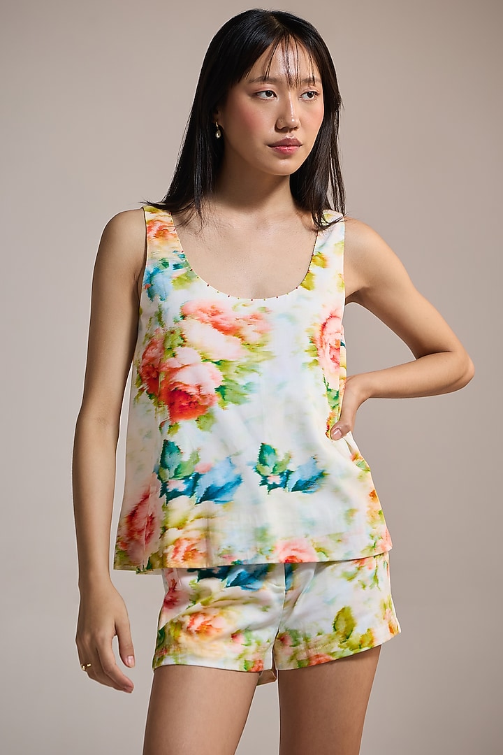 Soft Yellow Italian Cotton Satin & Cotton Floral Printed Shorts by THE IASO at Pernia's Pop Up Shop