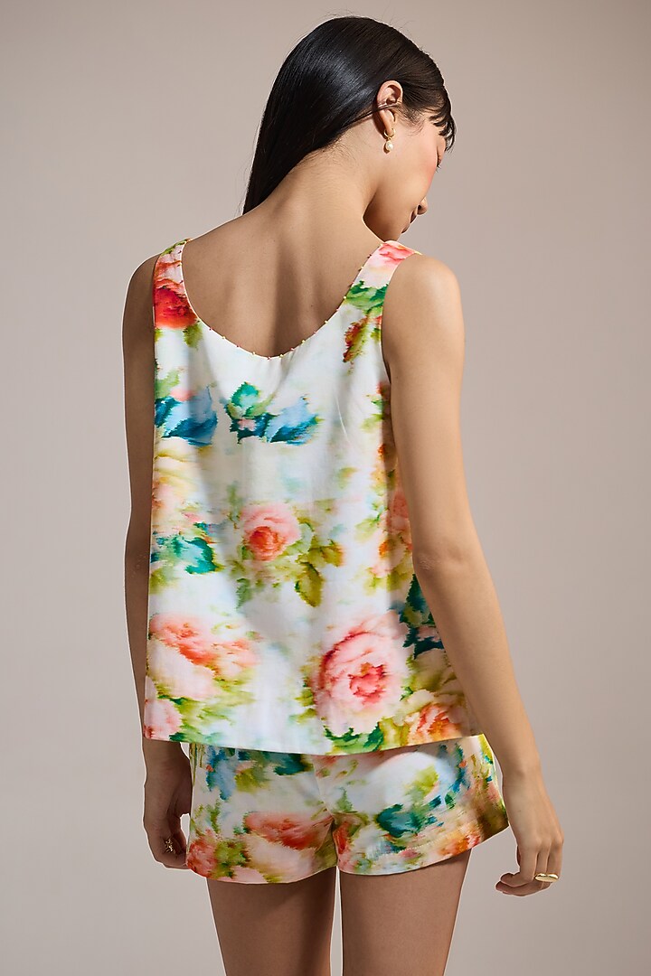 Soft Yellow Italian Cotton Satin & Cotton Floral Printed Shorts by THE IASO at Pernia's Pop Up Shop