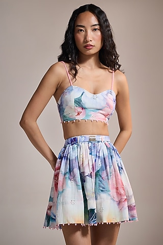 Multi-Colored Slub Texture & Viscose Floral Printed Bralette by THE IASO