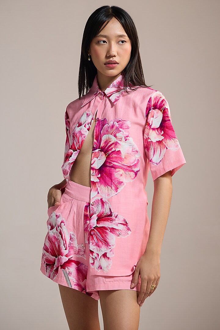 Multi-Colored Slub Texture & Viscose Floral Printed Shorts by THE IASO at Pernia's Pop Up Shop