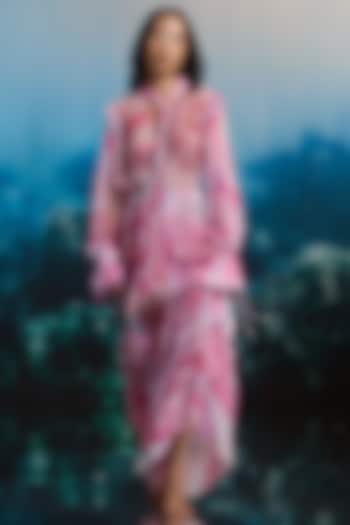 Pink Crinkle Chiffon & Viscose Floral Printed Sheer Ruffled Vacation Dress by THE IASO at Pernia's Pop Up Shop