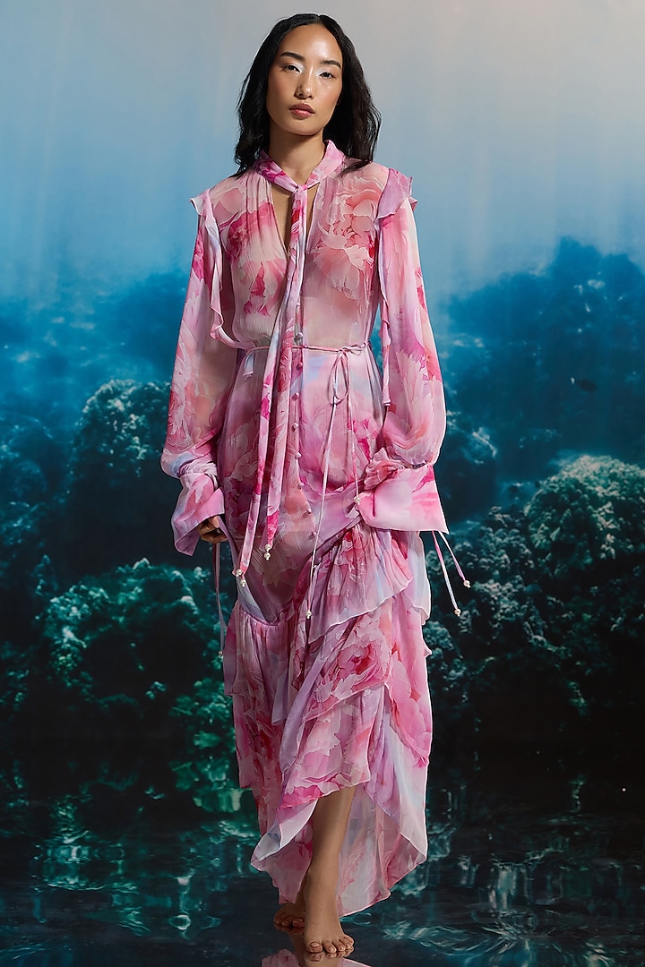 Pink Crinkle Chiffon & Viscose Floral Printed Sheer Ruffled Vacation Dress by THE IASO at Pernia's Pop Up Shop