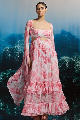 Soft White Crinkle Chiffon Floral Printed Maxi Dress by THE IASO