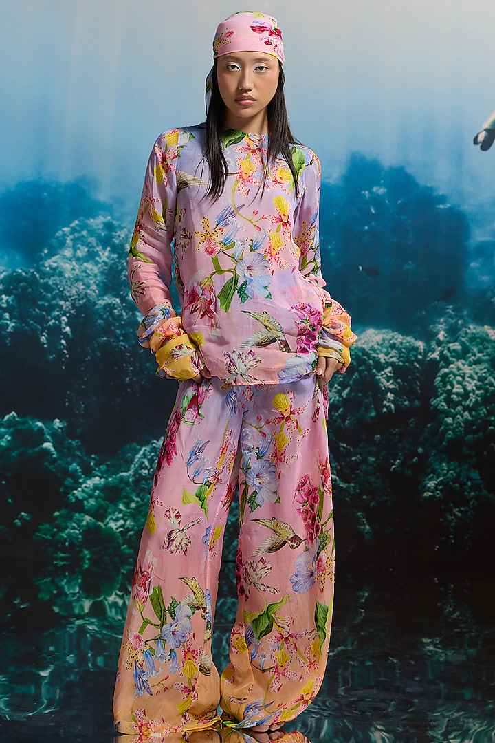 Pastel Pink Organza & Viscose Floral Printed Wide-Leg Trousers by THE IASO at Pernia's Pop Up Shop