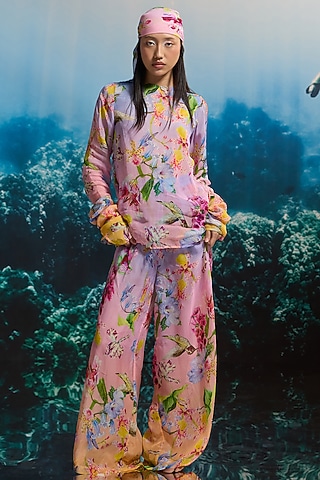 Pastel Pink Organza & Viscose Floral Printed Wide-Leg Trousers by THE IASO