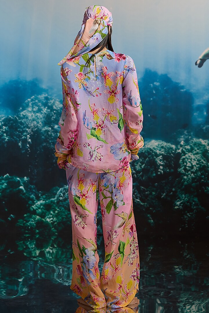 Pastel Pink Organza & Viscose Floral Printed Wide-Leg Trousers by THE IASO at Pernia's Pop Up Shop