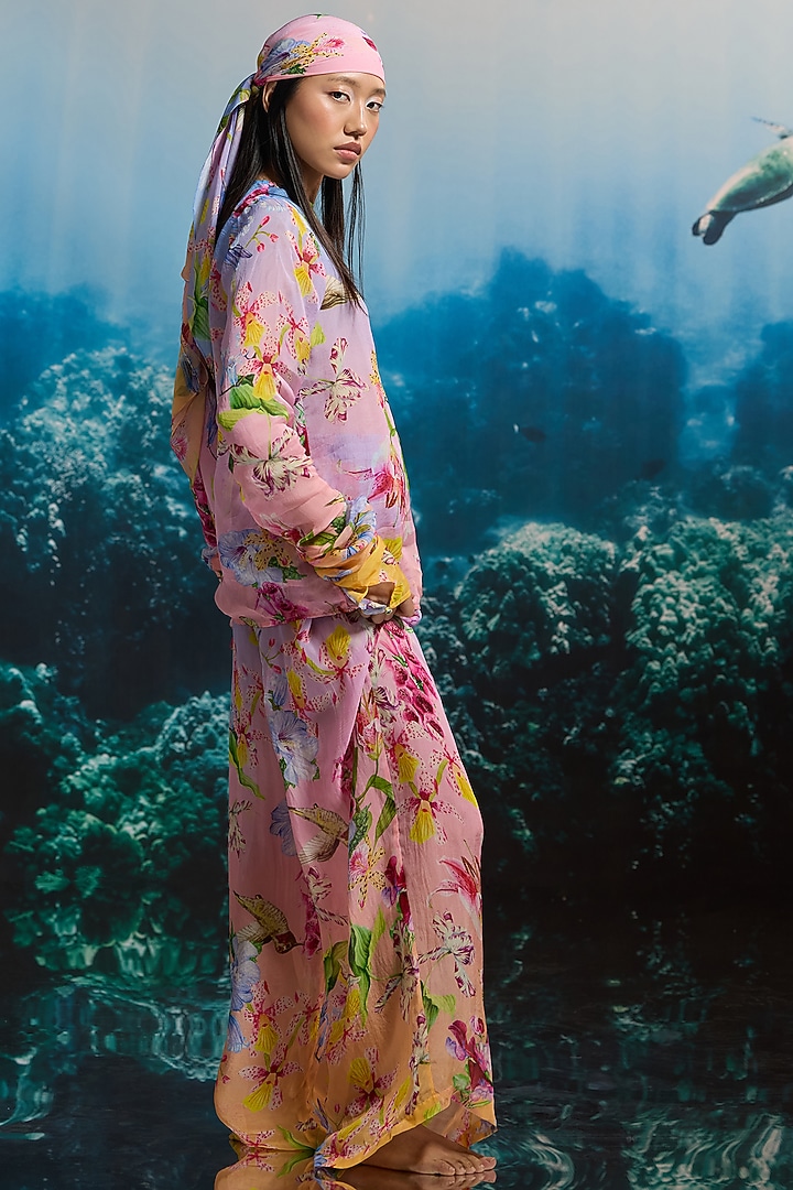 Pastel Pink Organza & Viscose Floral Printed Wide-Leg Trousers by THE IASO at Pernia's Pop Up Shop
