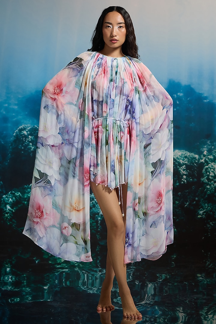 Multi-Colored Crinkle Chiffon Printed Jacket Vacation Dress by THE IASO at Pernia's Pop Up Shop