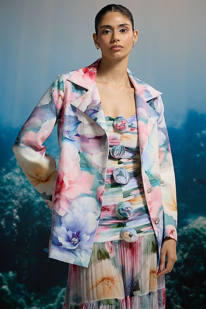 Multi-Colored Poplin & Cotton Floral Printed Blazer With Belt by THE IASO at Pernia's Pop Up Shop