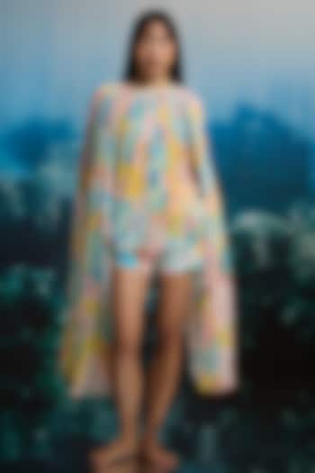 Yellow Crinkle Chiffon Floral Printed Pleated Cape Top by THE IASO at Pernia's Pop Up Shop