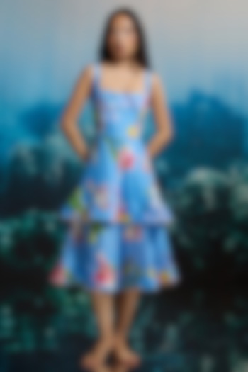 Blue Slub Texture & Viscose Floral Printed Midi Vacation Dress by THE IASO at Pernia's Pop Up Shop