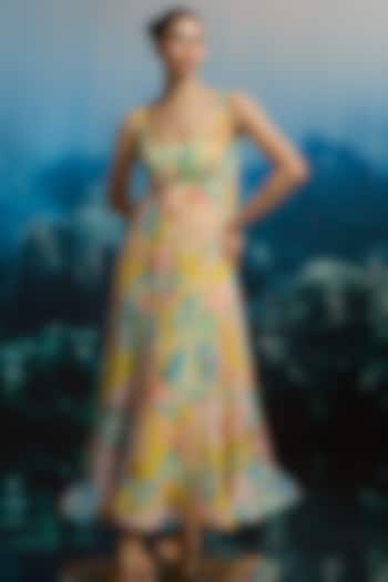 Yellow Crinkle Chiffon & Viscose Floral Printed Maxi Vacation Dress by THE IASO at Pernia's Pop Up Shop