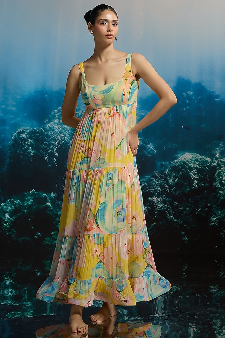 Yellow Crinkle Chiffon & Viscose Floral Printed Maxi Vacation Dress by THE IASO at Pernia's Pop Up Shop