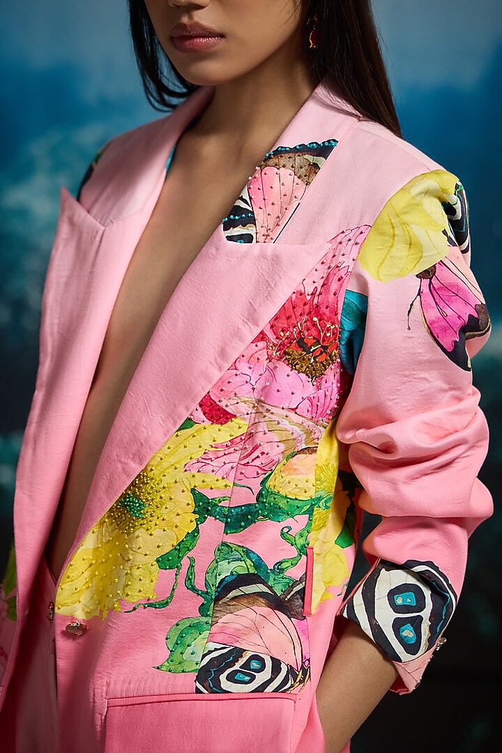 Bubblegum Pink Italian Cotton Satin Printed Blazer by THE IASO at Pernia's Pop Up Shop
