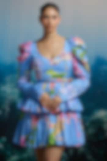 Blue Italian Cotton Satin Printed Mini Vacation Dress With Belt by THE IASO at Pernia's Pop Up Shop