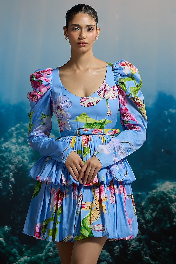 Blue Italian Cotton Satin Printed Mini Vacation Dress With Belt by THE IASO at Pernia's Pop Up Shop