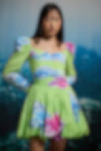 Lime Green Linen & Cotton Linen Printed Mini Vacation Dress by THE IASO at Pernia's Pop Up Shop